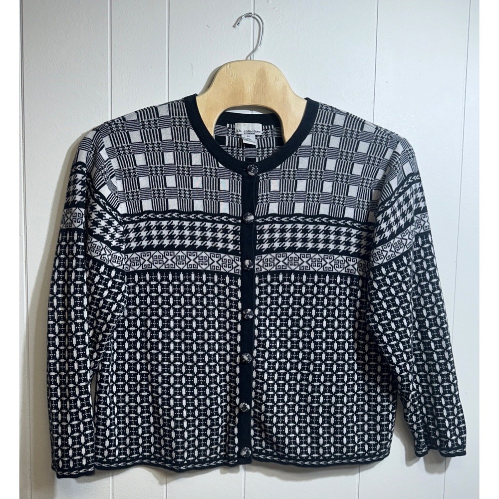 KB Collections Woman Black White Mixed Pattern Cardigan Sweater 2X Ramie Cotton